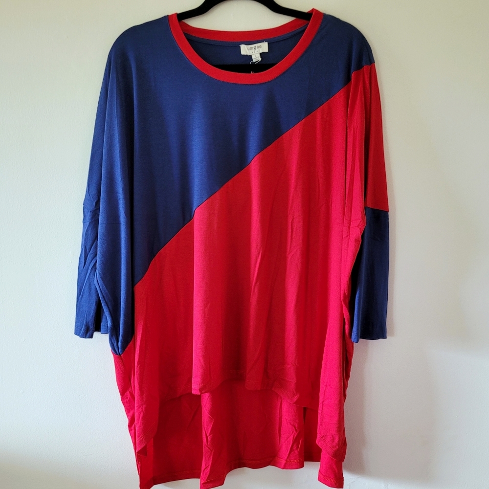 Umgee shirt red navy color block hi low large